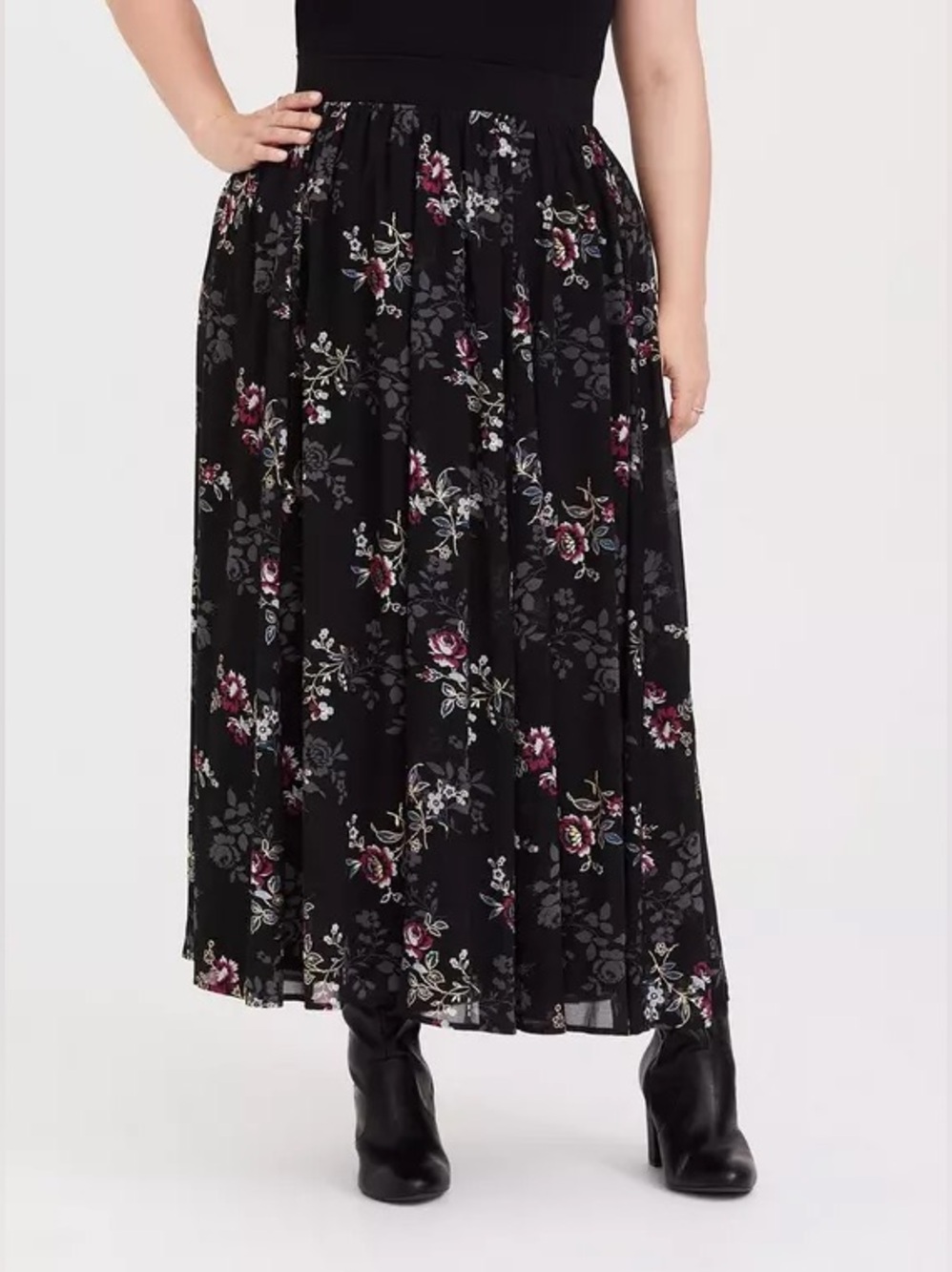 torrid Black Chiffon Maxi Skirt with Pink, Blue, and Gold Metallic Floral Print
